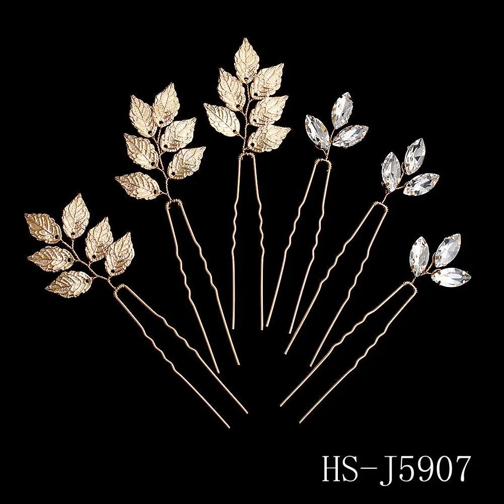 6PCS Gold Leaf Metal Hairpin Fashion Bridal Headdress Hair Accessories Rhinestone Crystal Hair Clips For Women Holiday Gift