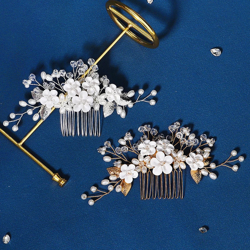 Crystal Ceramic Flower Hair Combs Clips for Women Pearl Bridal Wedding Hair Accessories Pearl Jewelry Party Bride Headpiece