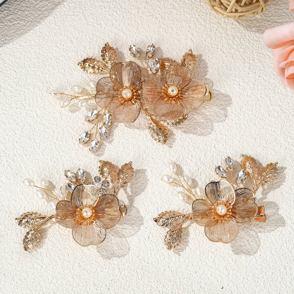 3pk/Set Alloy Hollow Out Niche Flower Hair Clip Elegant Pearl Crystal Headdres Hairpin For Women Festive Jewelry Hair Accessory