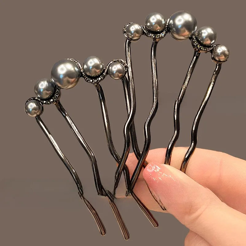 2pcs Fashion Metal U-Shaped Hair Sticks Women Girls Korean Simple Pearl Hair Clip Pins Bun Maker Hairstyle Tools Hair Accessory