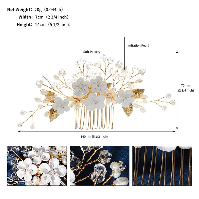 Crystal Ceramic Flower Hair Combs Clips for Women Pearl Bridal Wedding Hair Accessories Pearl Jewelry Party Bride Headpiece