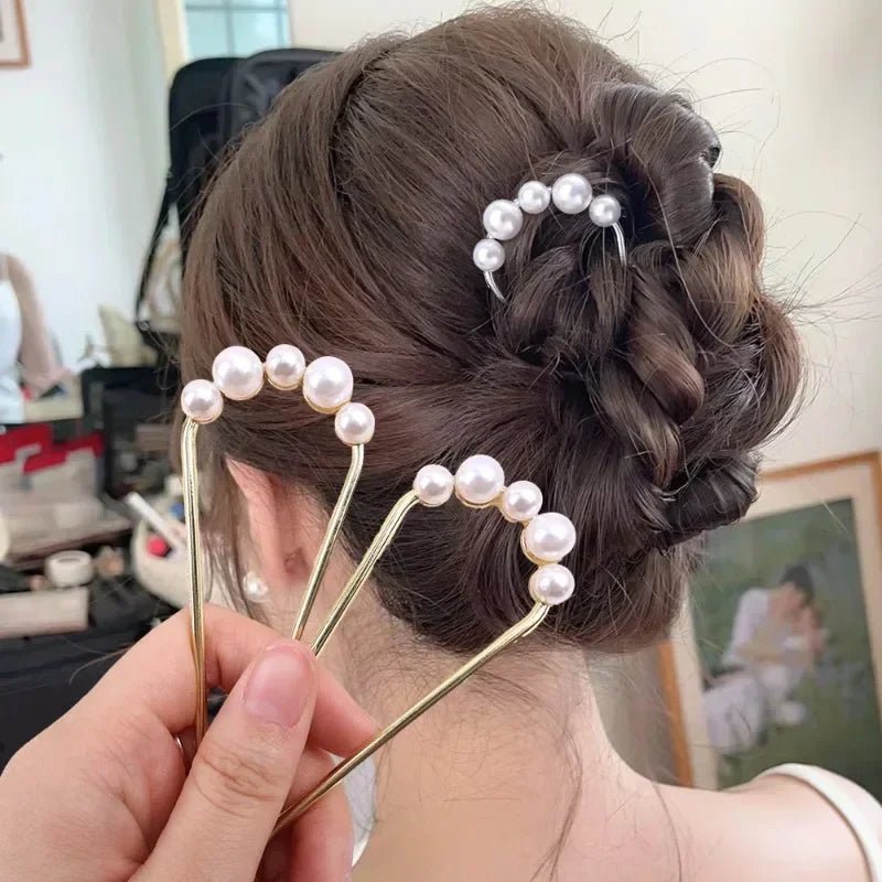 2pcs Korean U Shaped Pearl Hairpins Hair Clips for Women Elegant Metal Forks Vintage Pearl Hairpins Hair Styling Tools Gifts