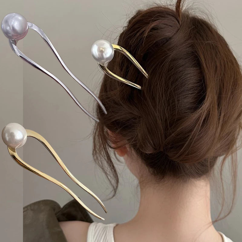 New Pearl Hairpins Korean U-shaped Hair Fork Metal Hair Clip Pins Women Girls Hair Sticks Bun Maker HairStyling Hair Accessories